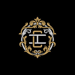 Initial letter I and C, IC, CI, decorative ornament emblem badge, overlapping monogram logo, elegant luxury silver gold color on black background