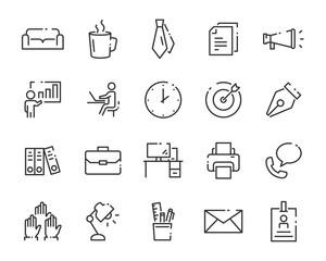 set of office line icons, such as document, job, company, meeting room