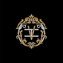 Initial letter I and V, IV, VI, decorative ornament emblem badge, overlapping monogram logo, elegant luxury silver gold color on black background