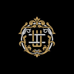 Initial letter I and W, IW, WI, decorative ornament emblem badge, overlapping monogram logo, elegant luxury silver gold color on black background