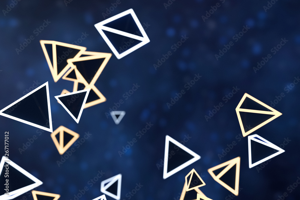 Aufkleber 3d rendering, glowing triangle cube with dark background.