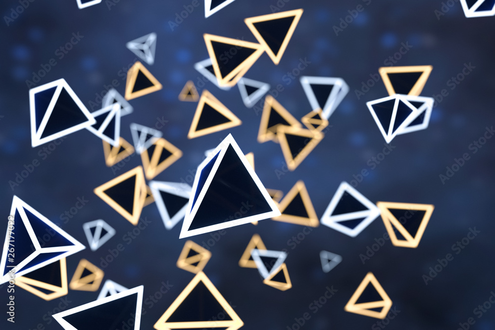 Aufkleber 3d rendering, glowing triangle cube with dark background.