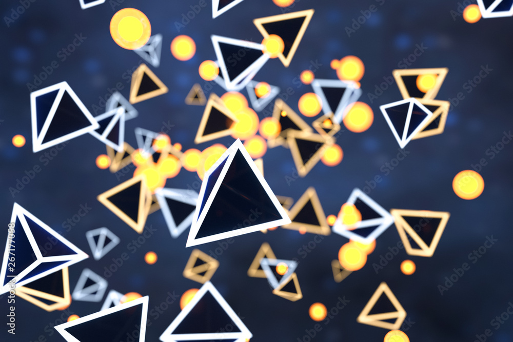 Aufkleber 3d rendering, glowing triangle cube with dark background.