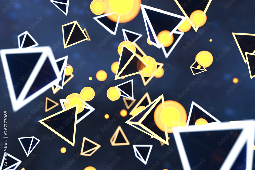 Aufkleber 3d rendering, glowing triangle cube with dark background.
