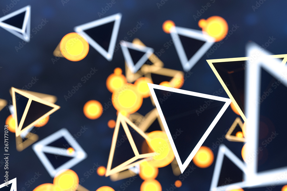 Aufkleber 3d rendering, glowing triangle cube with dark background.