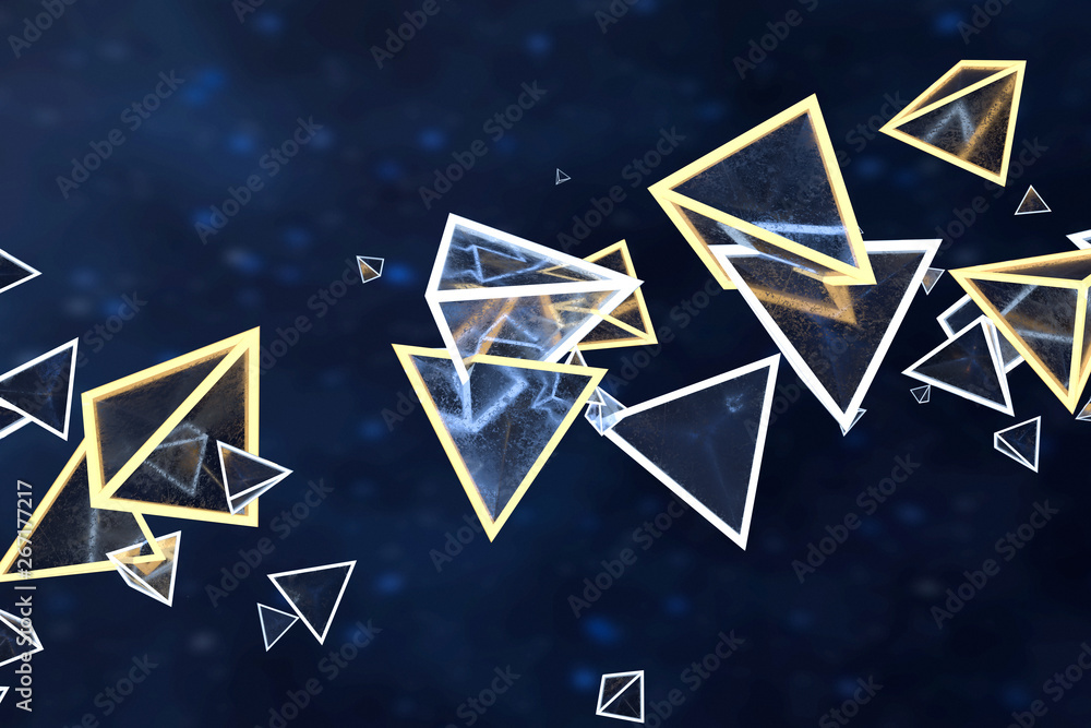Aufkleber 3d rendering, glowing triangle cube with dark background.