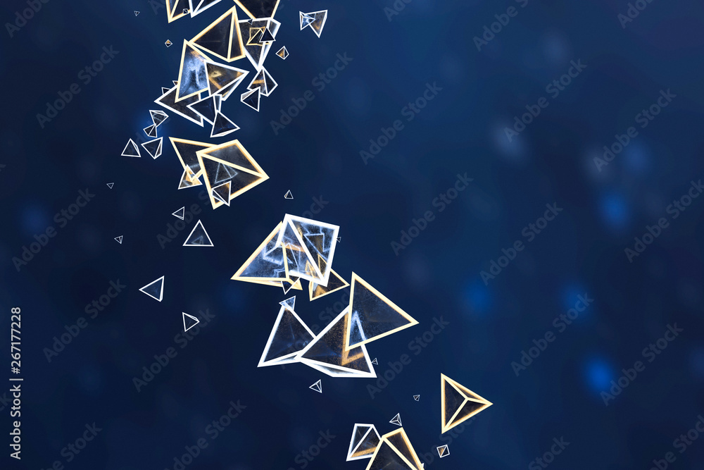 Aufkleber 3d rendering, glowing triangle cube with dark background.