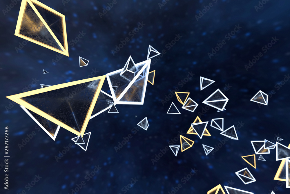Aufkleber 3d rendering, glowing triangle cube with dark background.