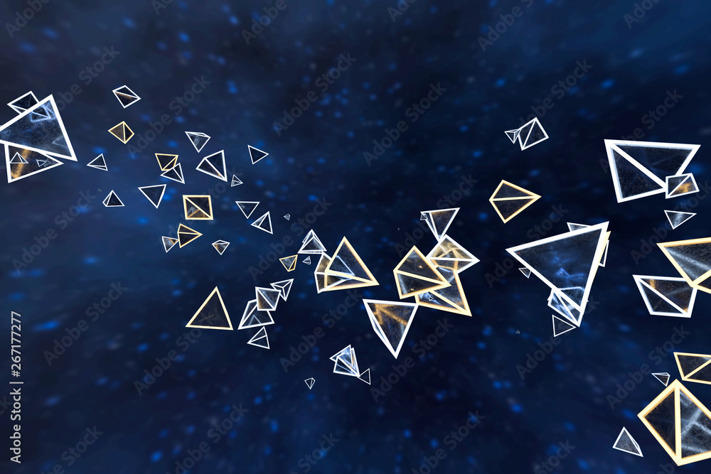 Aufkleber 3d rendering, glowing triangle cube with dark background.