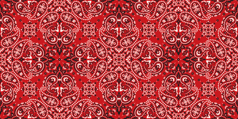 Seamless pattern based on ornament paisley Bandana Print. Vector ornament paisley Bandana Print. Silk neck scarf or kerchief square pattern design style, best motive for print on fabric or papper. - 267177206
