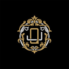 Initial letter J and Q, JQ, QJ, decorative ornament emblem badge, overlapping monogram logo, elegant luxury silver gold color on black background