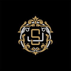 Initial letter J and S, JS, SJ, decorative ornament emblem badge, overlapping monogram logo, elegant luxury silver gold color on black background