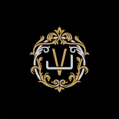 Initial letter J and V, JV, VJ, decorative ornament emblem badge, overlapping monogram logo, elegant luxury silver gold color on black background