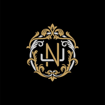 Initial letter J and N, JN, NJ, decorative ornament emblem badge, overlapping monogram logo, elegant luxury silver gold color on black background
