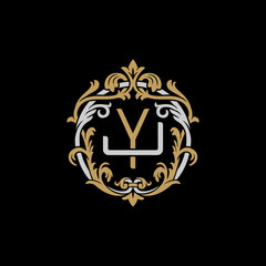 Initial letter J and Y, JY, YJ, decorative ornament emblem badge, overlapping monogram logo, elegant luxury silver gold color on black background