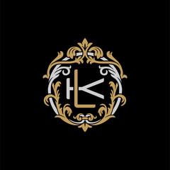 Initial letter K and L, KL, LK, decorative ornament emblem badge, overlapping monogram logo, elegant luxury silver gold color on black background