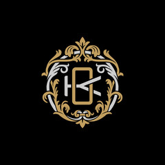 Initial letter K and O, KO, OK, decorative ornament emblem badge, overlapping monogram logo, elegant luxury silver gold color on black background