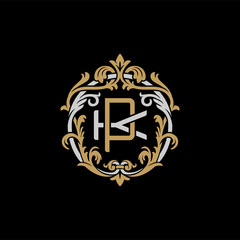 Initial letter K and P, KP, PK, decorative ornament emblem badge, overlapping monogram logo, elegant luxury silver gold color on black background