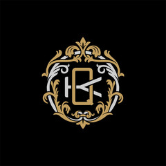 Initial letter K and Q, KQ, QK, decorative ornament emblem badge, overlapping monogram logo, elegant luxury silver gold color on black background