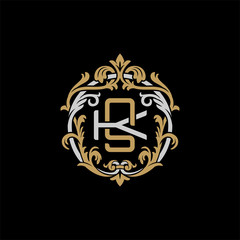 Initial letter K and S, KS, SK, decorative ornament emblem badge, overlapping monogram logo, elegant luxury silver gold color on black background