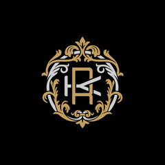 Initial letter K and R, KR, RK, decorative ornament emblem badge, overlapping monogram logo, elegant luxury silver gold color on black background