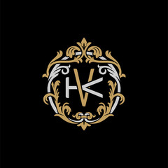 Initial letter K and V, KV, VK, decorative ornament emblem badge, overlapping monogram logo, elegant luxury silver gold color on black background