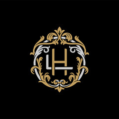 Initial letter L and H, LH, HL, decorative ornament emblem badge, overlapping monogram logo, elegant luxury silver gold color on black background