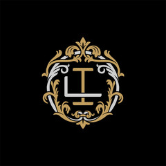 Fototapeta Initial letter L and I, LI, IL, decorative ornament emblem badge, overlapping monogram logo, elegant luxury silver gold color on black background obraz
