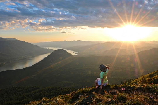 Woman Meditating And Relaxing On Mountain Top. Scenic View From Dog Mountain In Columbia River Gorge. Portland. Oregon. United States Of America.