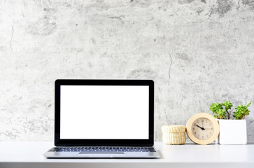 blank screen Modern laptop computer with mouse,Smart phone and Succulent on wood table in office view backgrounds