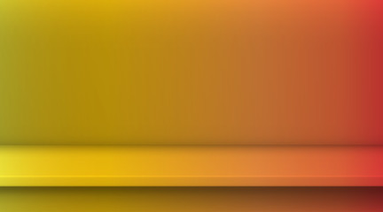 Gradient mesh vector table. Background of empty vivid yellow red gradient color table, studio room advertise for your business products. Design banner on content website with copy space display