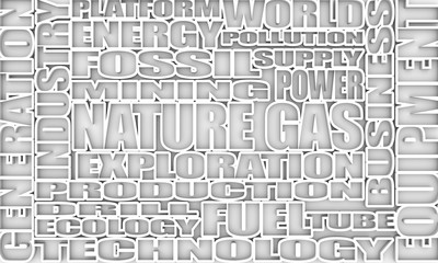 Nature gas relative tags cloud. Image relative to gas production and supply. 3D rendering