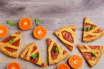 Pieces of sweet cake with jam