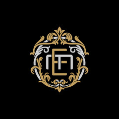 Initial letter M and E, ME, EM, decorative ornament emblem badge, overlapping monogram logo, elegant luxury silver gold color on black background