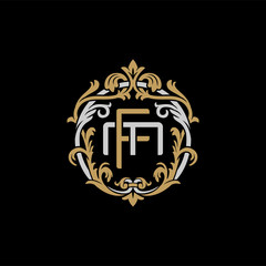 Initial letter M and F, MF, FM, decorative ornament emblem badge, overlapping monogram logo, elegant luxury silver gold color on black background