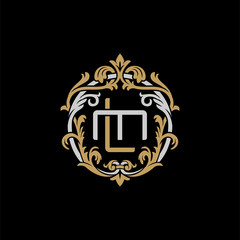 Initial letter M and L, ML, LM, decorative ornament emblem badge, overlapping monogram logo, elegant luxury silver gold color on black background