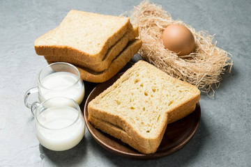 Bread, milk and eggs, healthy breakfast