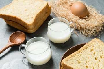 Bread, milk and eggs, healthy breakfast