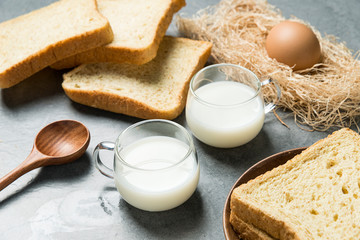 Bread, milk and eggs, healthy breakfast