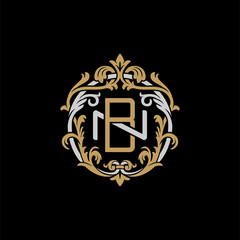 Initial letter N and B, NB, BN, decorative ornament emblem badge, overlapping monogram logo, elegant luxury silver gold color on black background