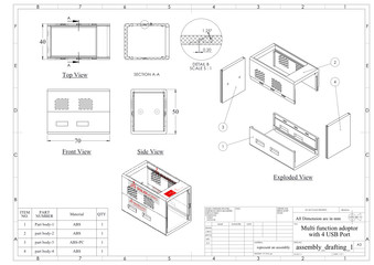 This is a assembly drafting for the Multiple function adopter with 4 port USB charger Body Case design concept this design is follow category of Development design