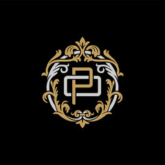Initial letter O and P, OP, PO, decorative ornament emblem badge, overlapping monogram logo, elegant luxury silver gold color on black background