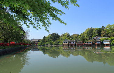 Fototapeta na wymiar 初夏の京都、長岡天満宮の錦水亭と八条ヶ池の映り込み