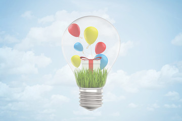 3d rendering of lightbulb with green grass, gift box and colorful balloons inside, against blue sky with clouds.