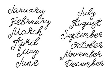 Calligraphic set of months of the year. Brush handwritten Hand lettering names of months. Calligraphic isolated set on white isolated background. Vector illustration .