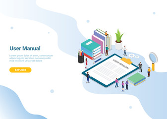 user manual book concept with people and some guide on the clipboard for website template design or landing homepage - vector