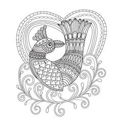 Hand drawn sketch illustration of bird in love for adult coloring book.