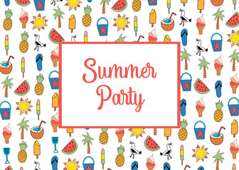 Summer party invitation card template vector with summer icons pattern. Watermelon, popsicle, pineapple, coconut, ice cream cone, palm tree, seagull, flipflop sandal, sunscreen