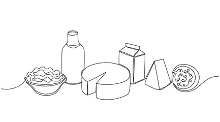 monochrome sketchy set of dairy products created in continuous line style.