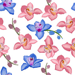 Pink and blue orchid floral seamless pattern. Flowers bloom blossom foliage on white background.